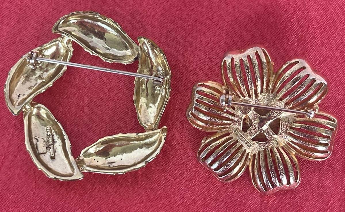 Two Vintage Signed Gold Tone Pin/Brooches- Shells & Flower Coro & Kramer- Look!