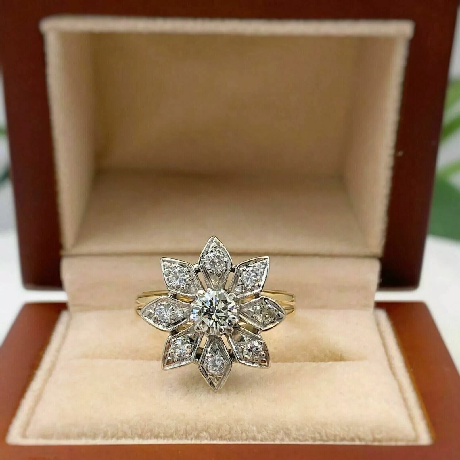 2Ct Art Deco Flower Round Cut Lab Created Diamond 14K Gold FN Anniversary Ring