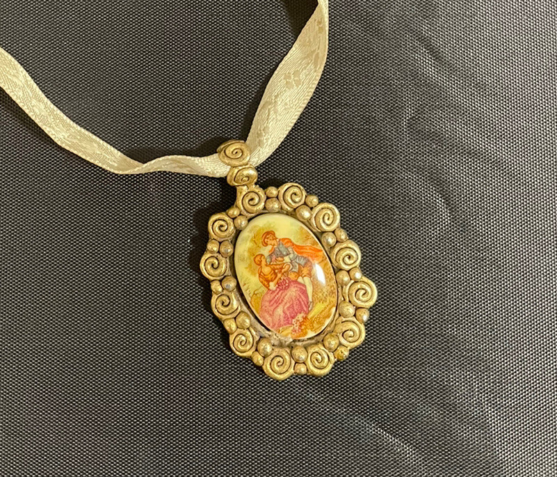 Vtg Chocker Hand Painted Victorian Lovers Porcelain Pendant EH Eivind Hillestad