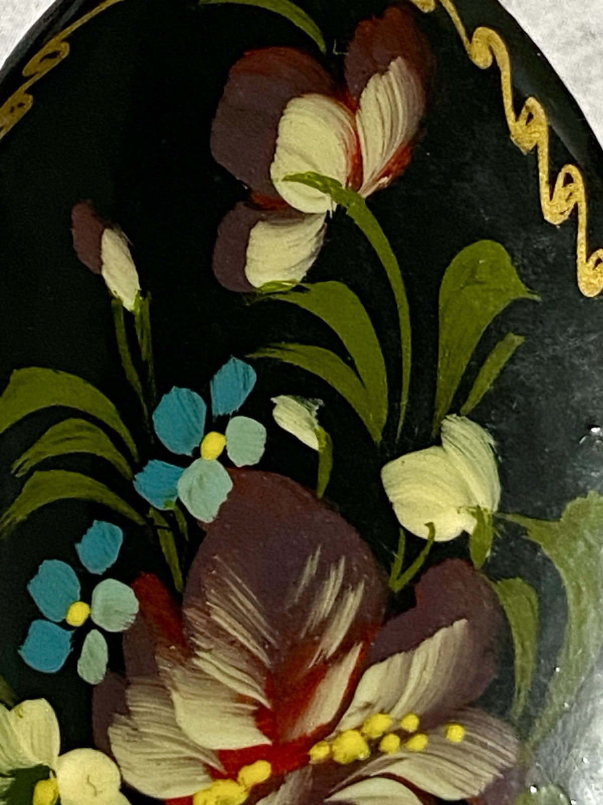 Vintage Russian Brooch Hand Painted Black Lacquer Floral Pin Signed 2.25″
