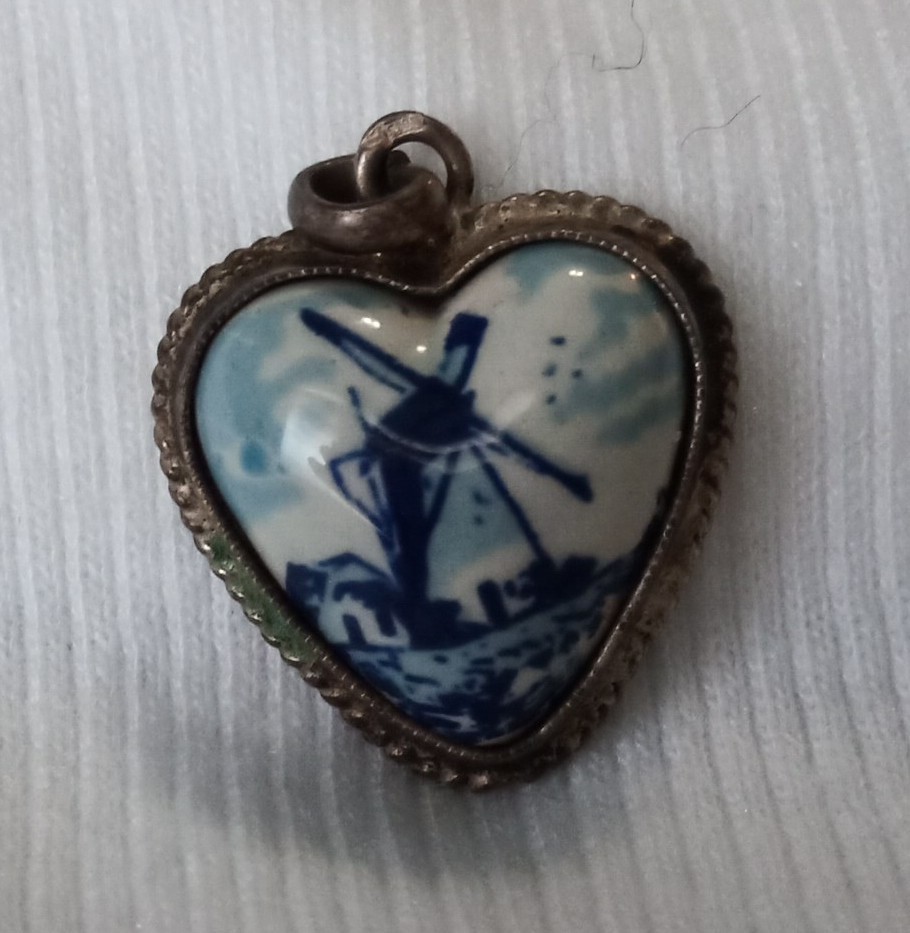 Vintage Silver 835 Heart Windmill Souvenir Charm Pendant Delft Blue Netherlands