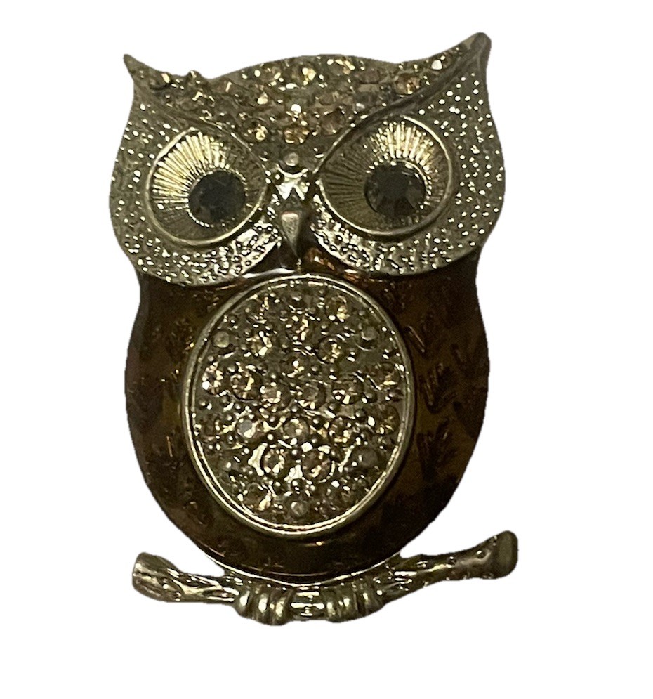 Vintage Rhinestone Owl Brooch Pin Gold Tone Brown Enamel Retro Costume Jewelry