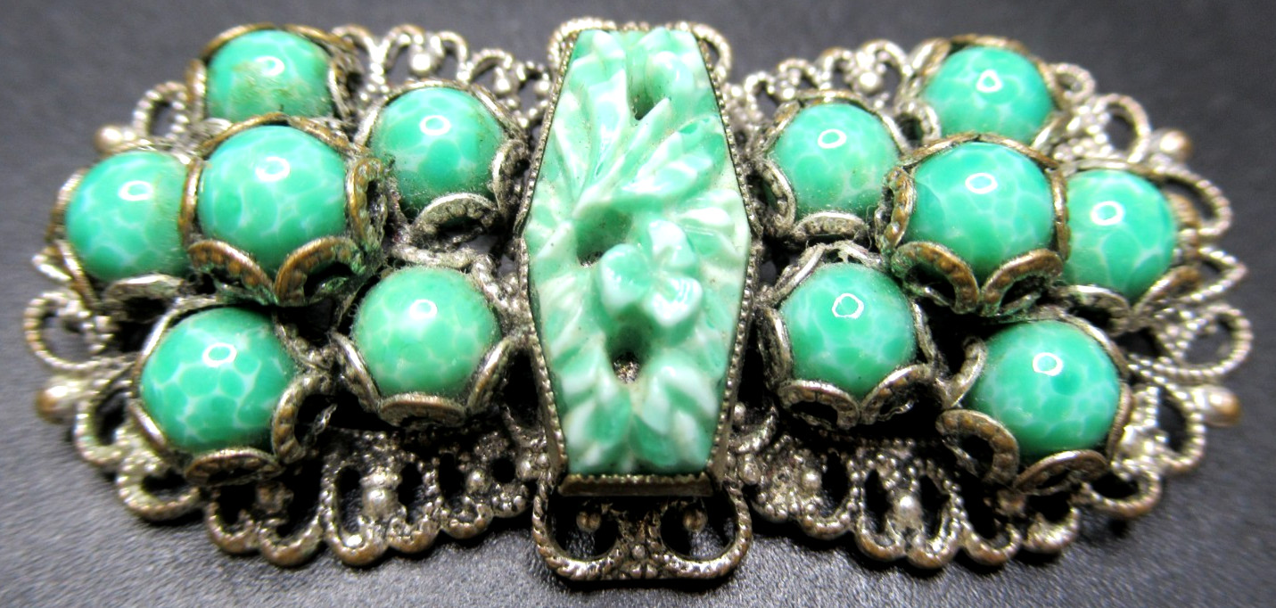 Art Deco CZECH Speckled Green Glass Beaded Antique Pin Brooch