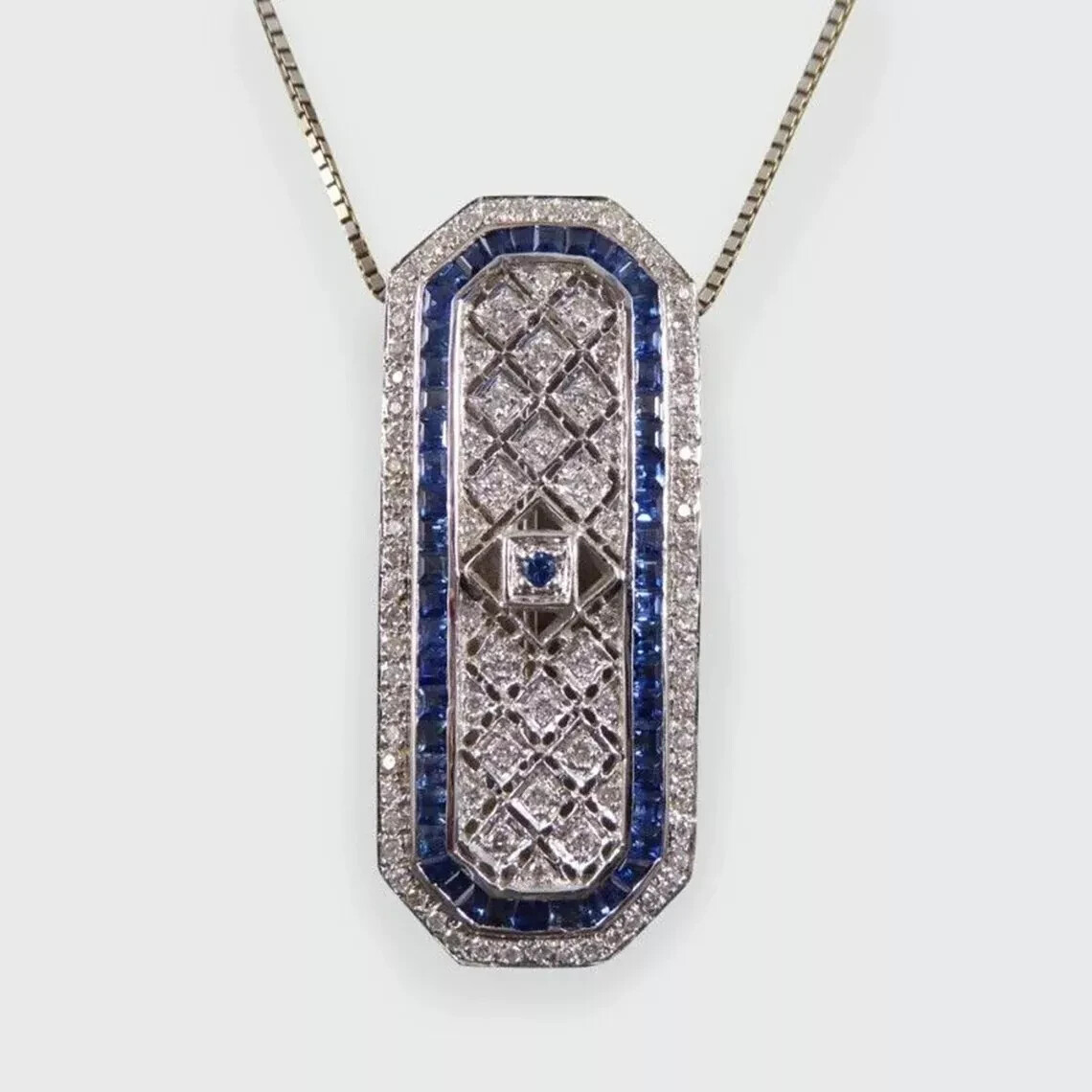 Art Deco Style Sapphire & Lab Created Diamond Wedding 14k White Gold Fn Pendant