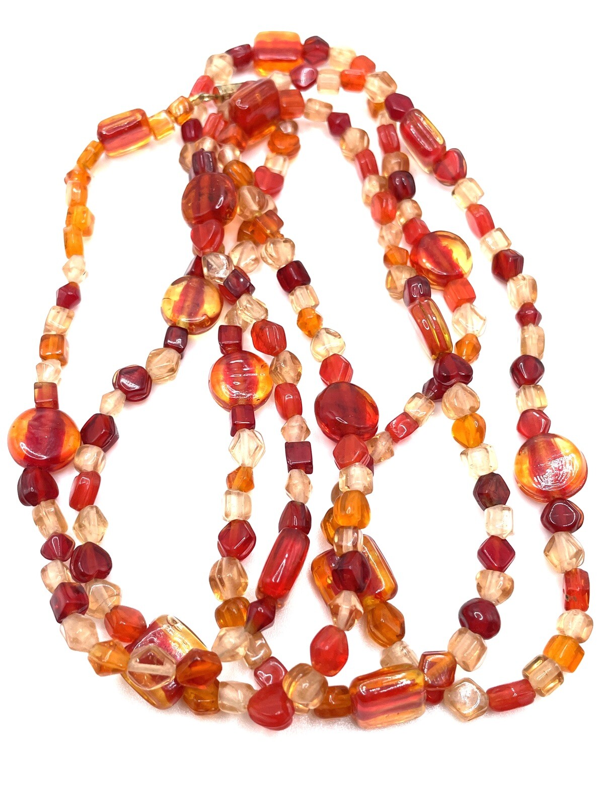 Antique Art Deco Red Orange Fire Glass Beaded Flapper Necklace 44″