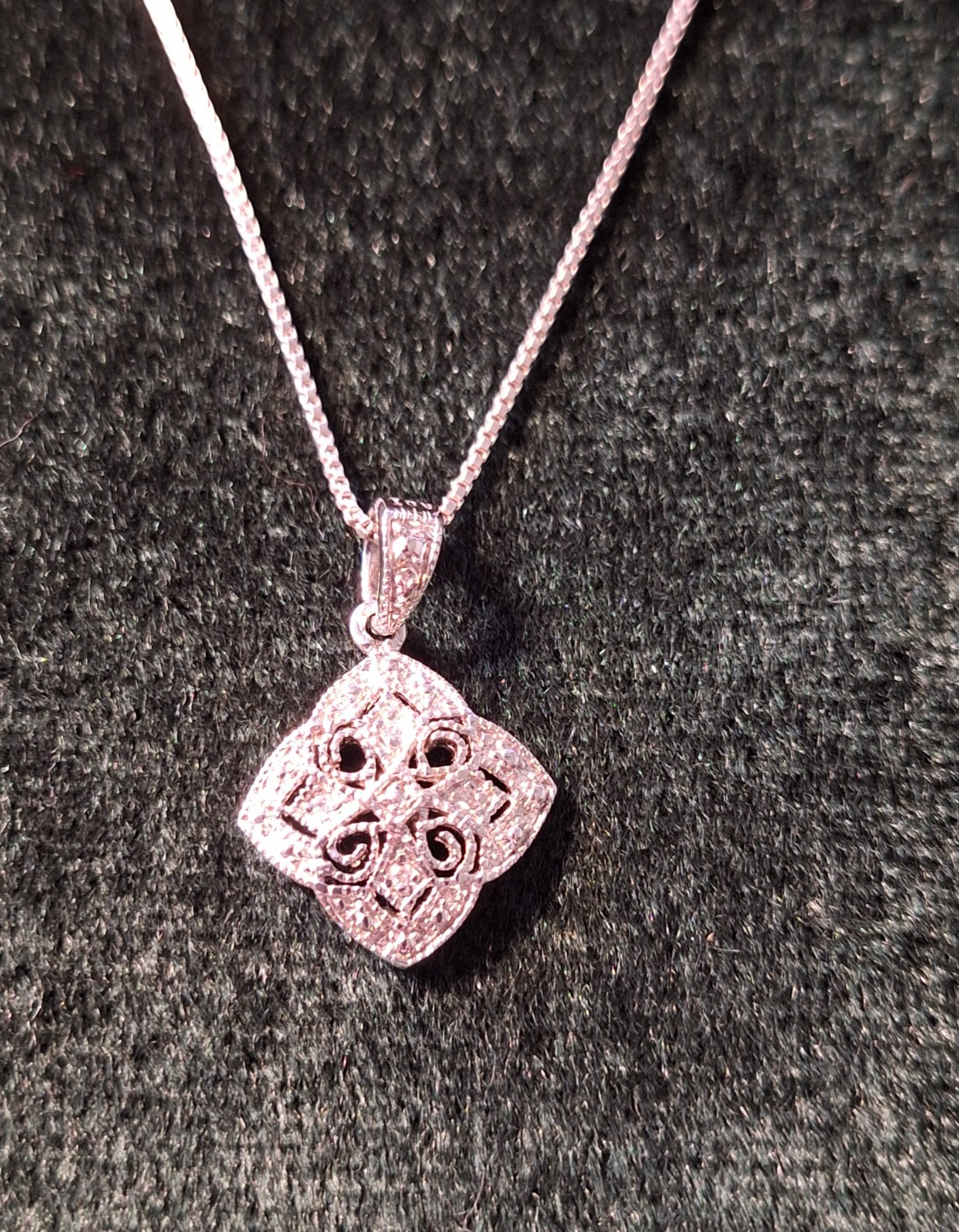 Vintage Sterling Silver Filigree Diamond Shape Pendant Box Chain Necklace Italy