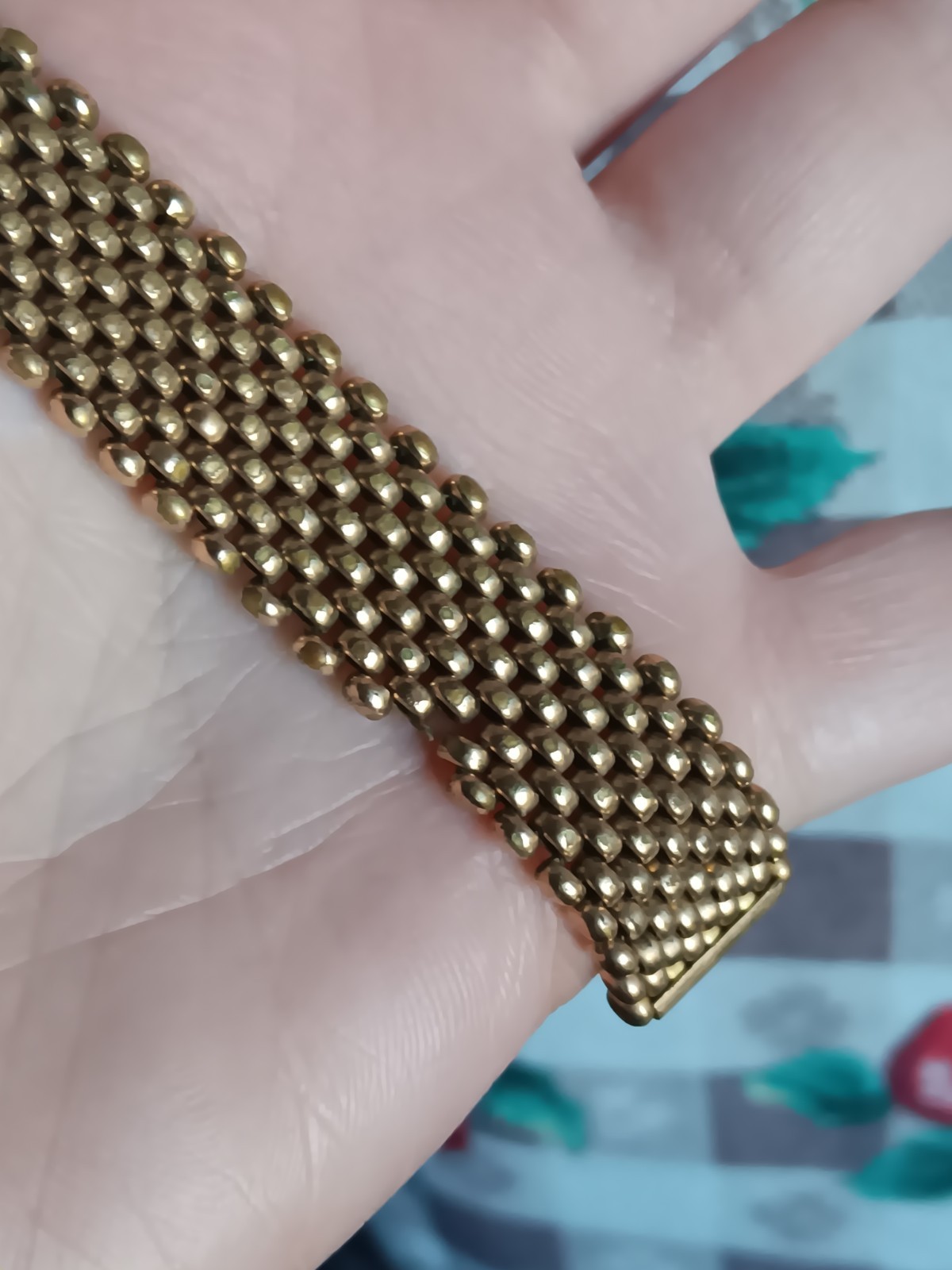 Antique *Damaged* Brass Mesh Link Bracelet Rectangle Clasp People Scene 7″