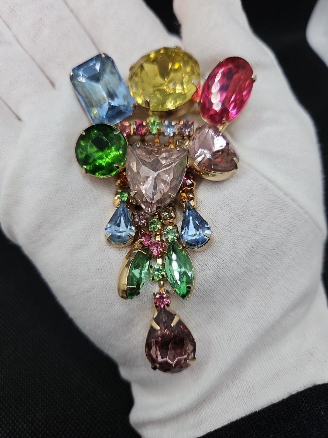 Vintage Chandelier Large Brooch & Earrings Multicolor Rhinestones Set