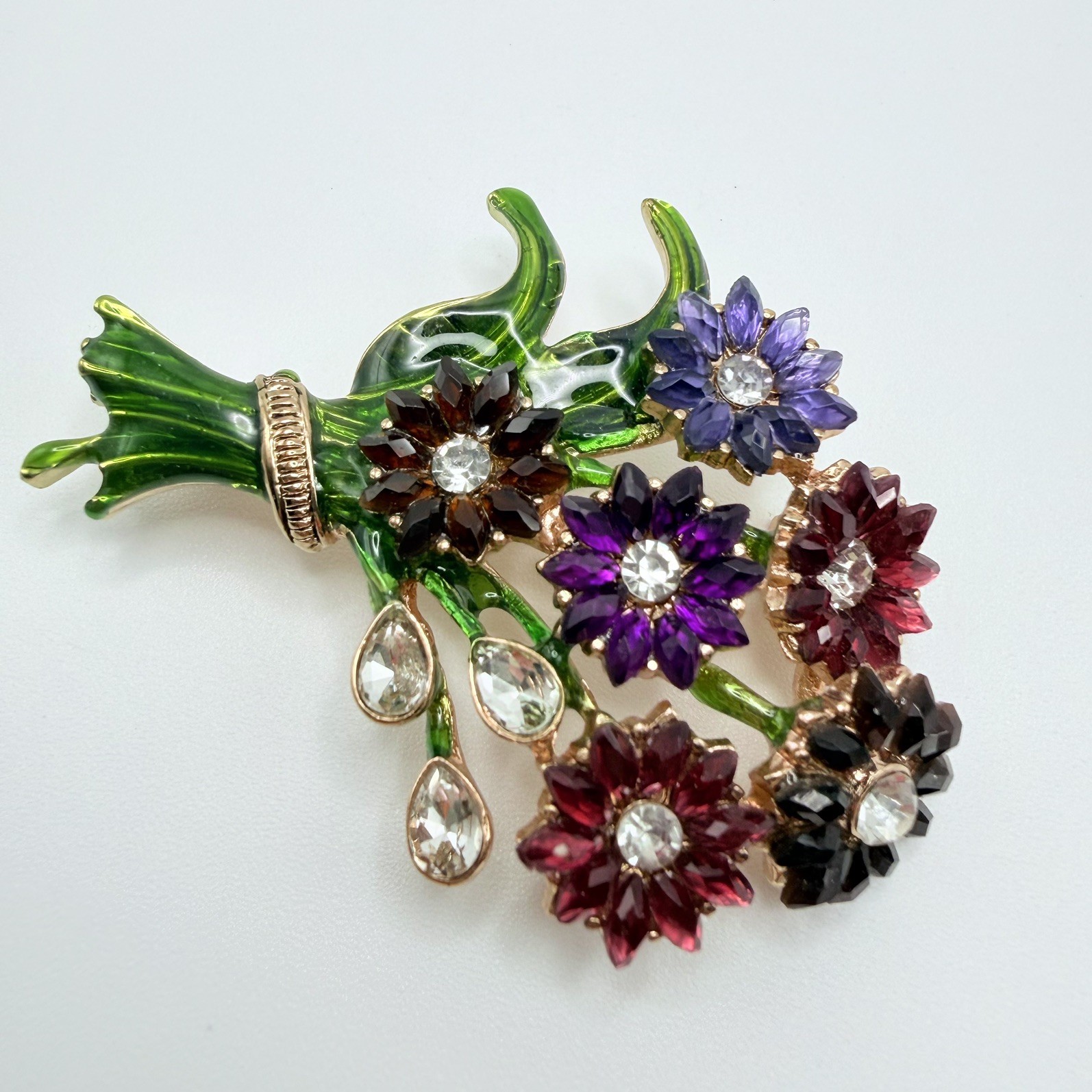 Napier Gold-Tone Enameled Colorful Bouqet Flowers Rhinestone Brooch Pin