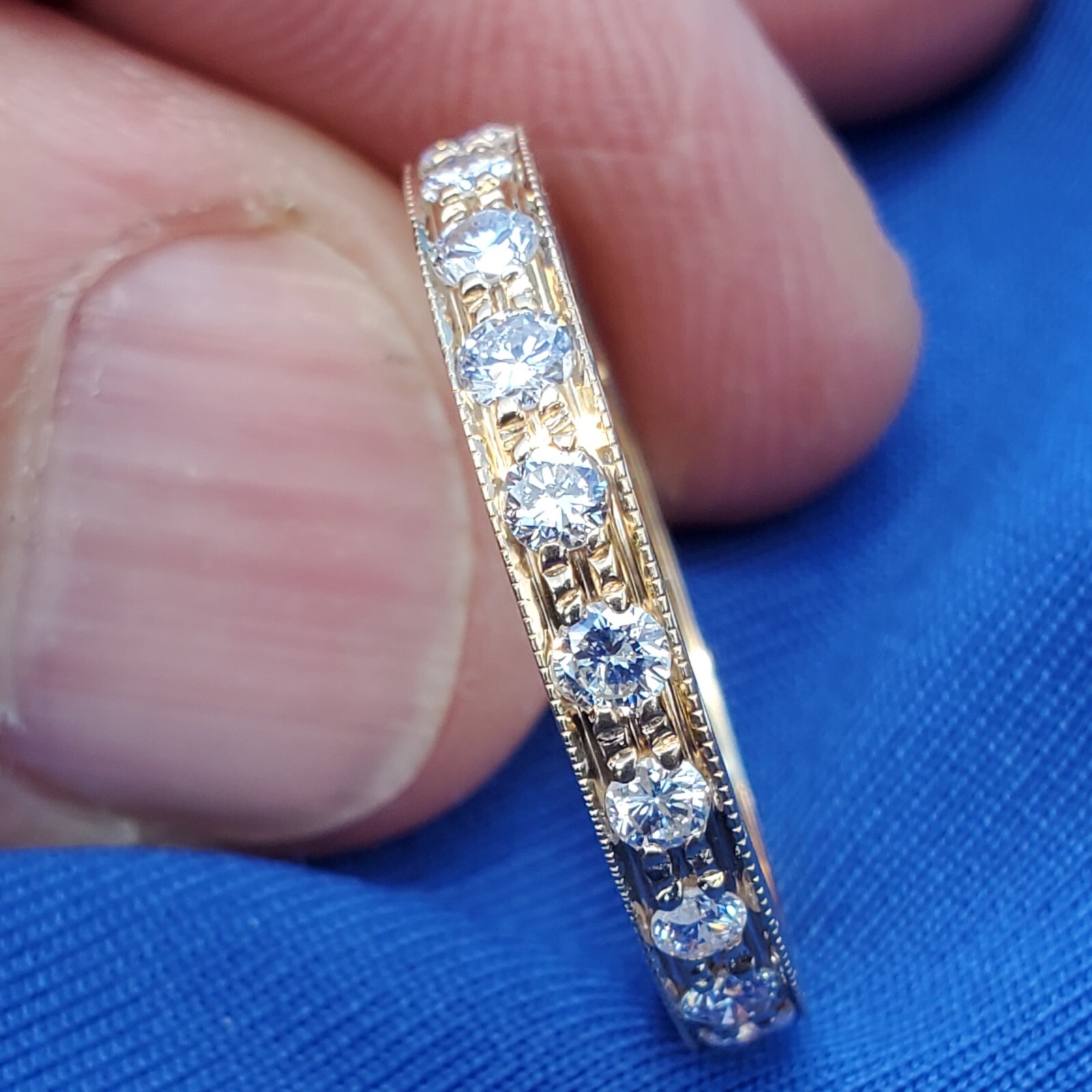 ORIGINAL EARTH MINED DIAMOND Deco Wedding Band SOLID 14K GOLD Eternity Ring 9.5