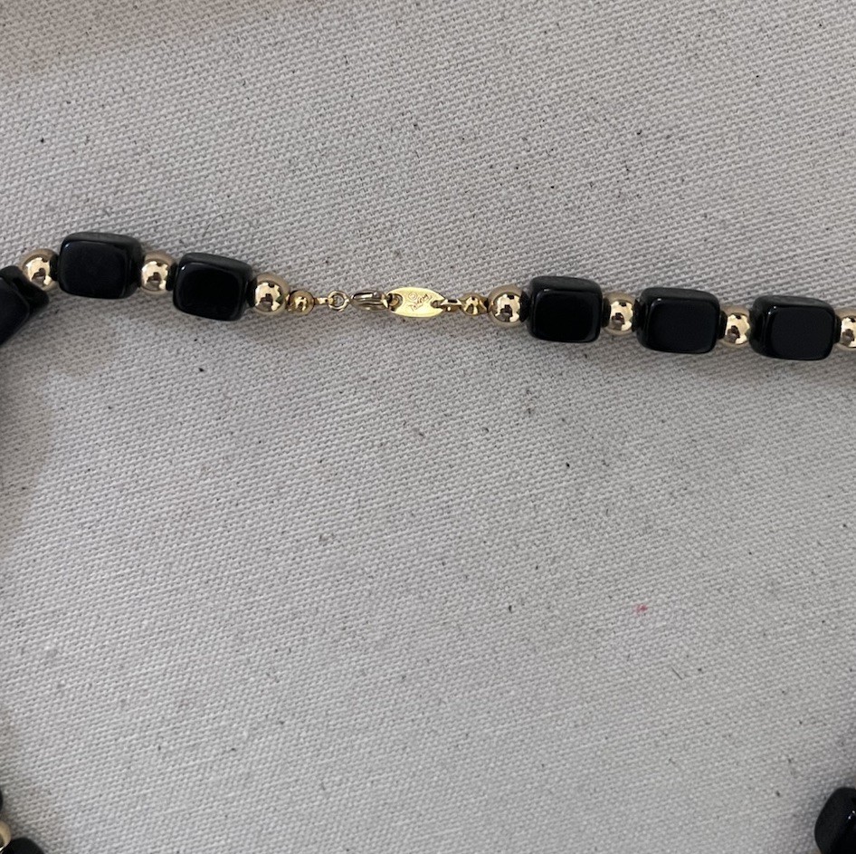 Trifari Signed 1970’s 1980’s Black Gold Resin Acetate Metal Beaded 30” Necklace