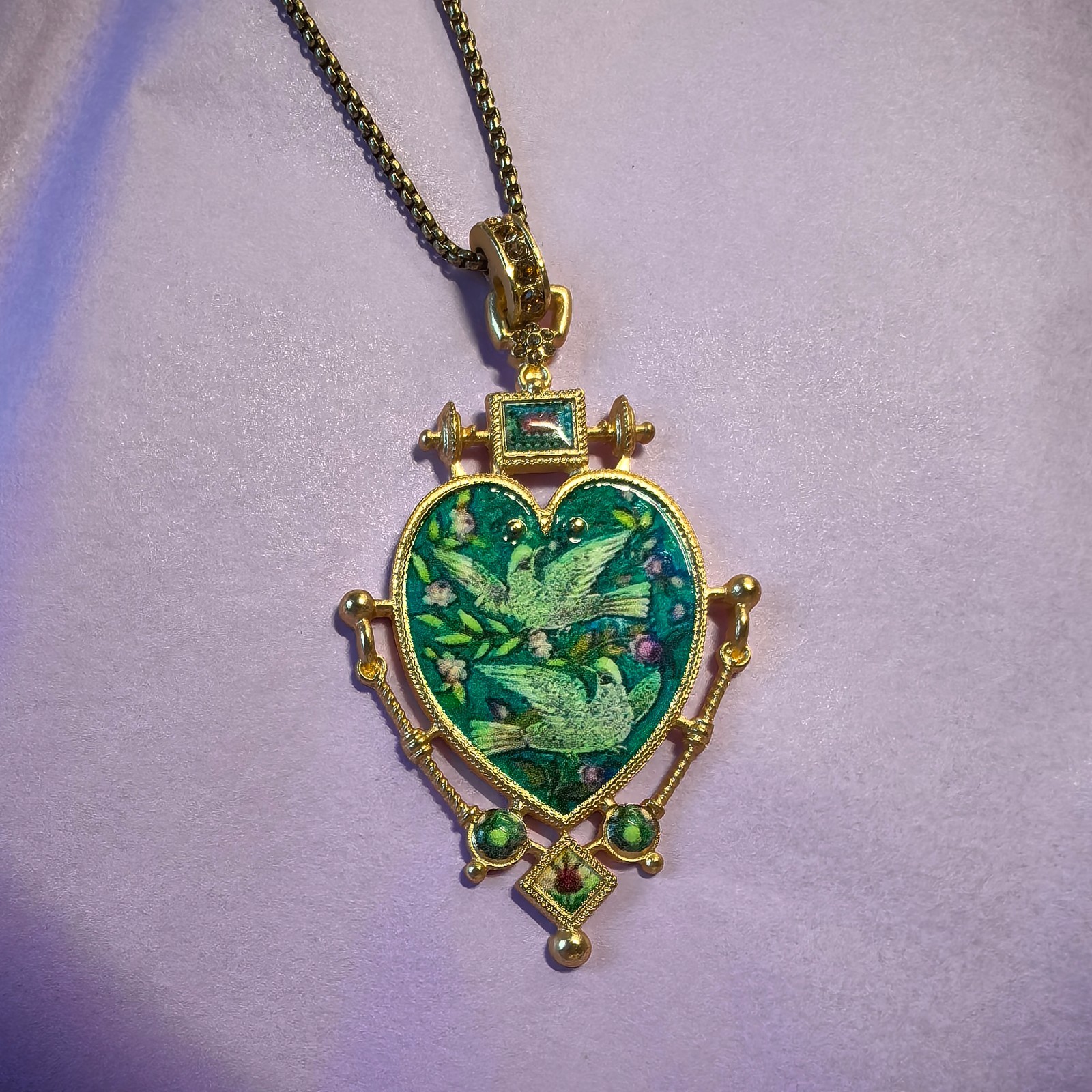 Vintage European Heart Enamel Necklace Unique Dove Inlay Retro Pendant Jewelry