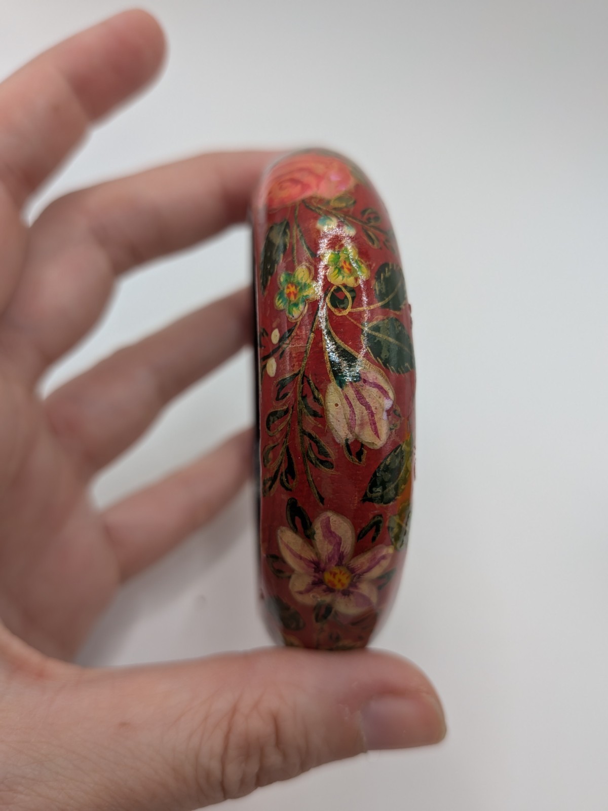 Vintage Russian Style Folk Art Hand Painted Floral Bangle Bracelet Red Laquer