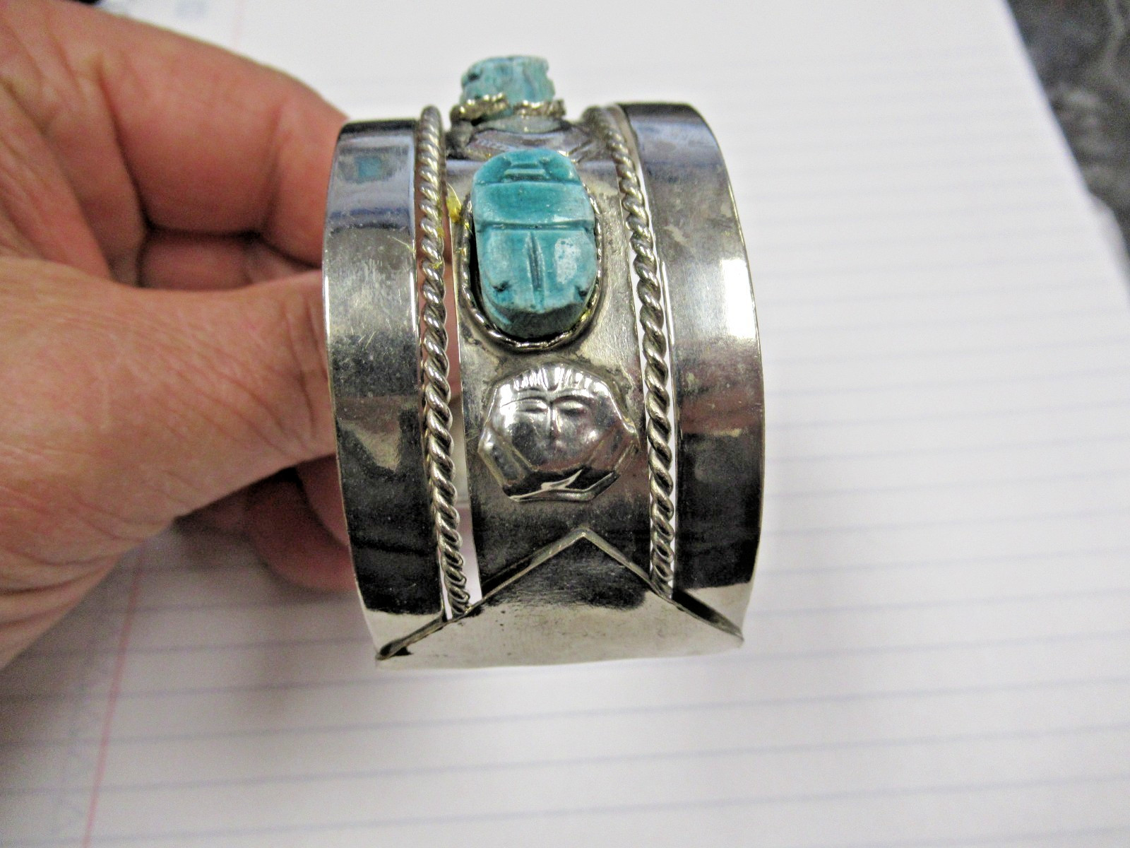 Vintage Made in Egypt Egyptian Faience 3 Scarab Costume Jewelry Cuff Bracelet