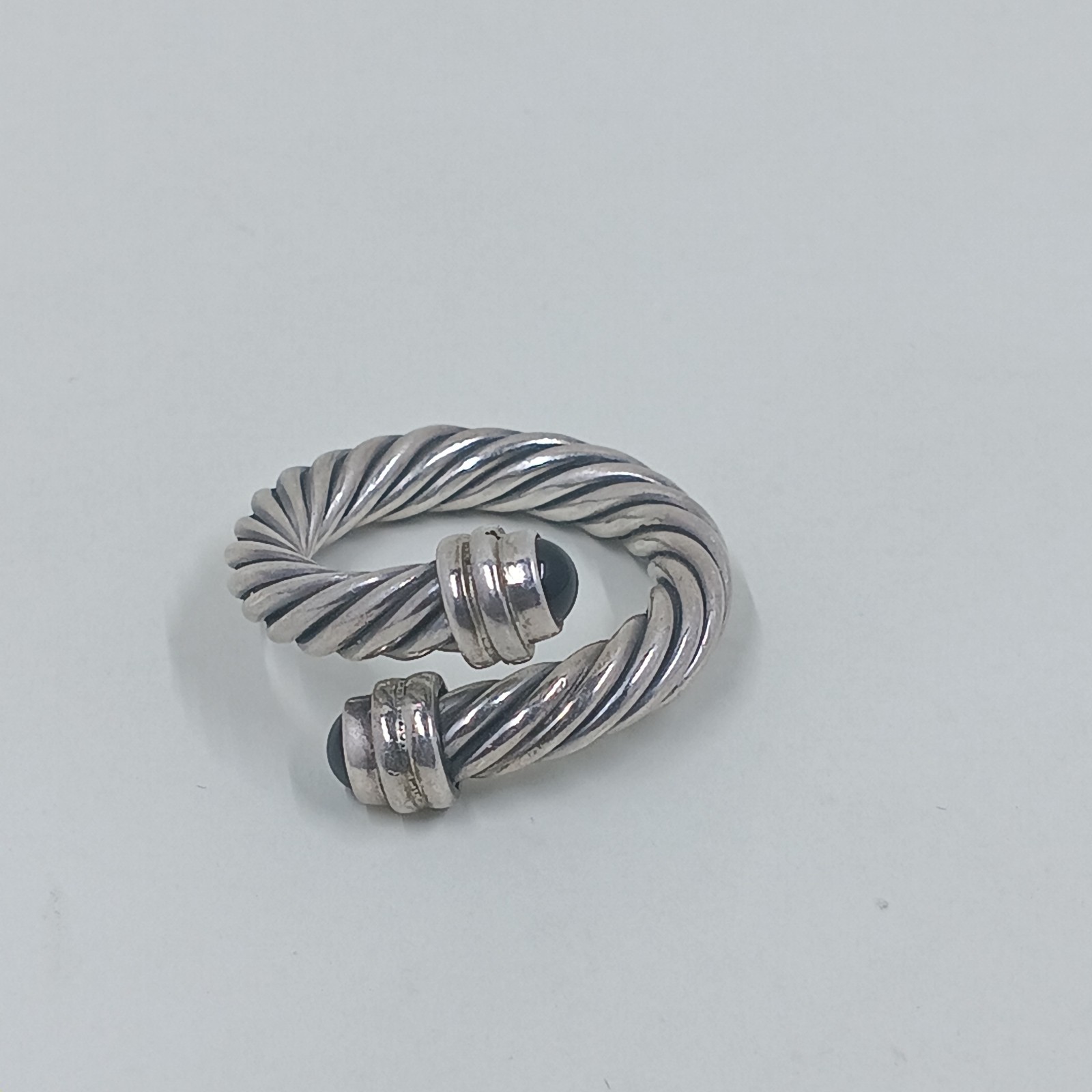Vtg Sterling Silver Twisted Cable Wrap Ring Black Onyx Style Open Bypass…