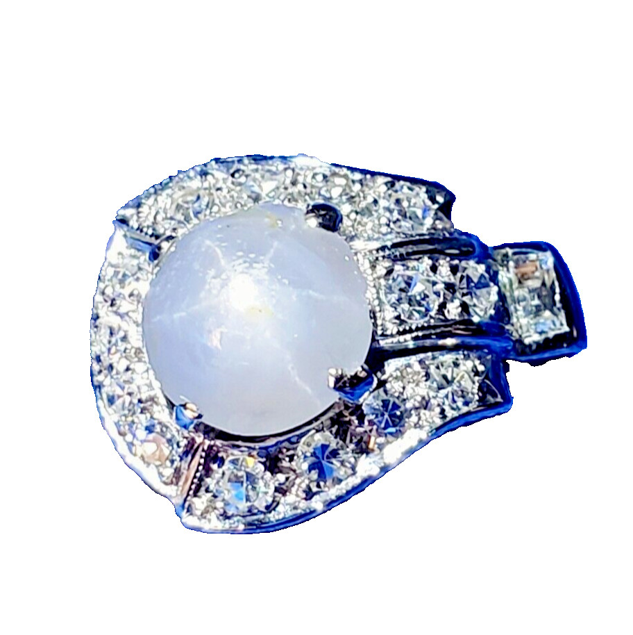 EARTH MINED STAR SAPPHIRE DIAMOND ART Deco Engagement Ring SOLID 14K WHITE GOLD