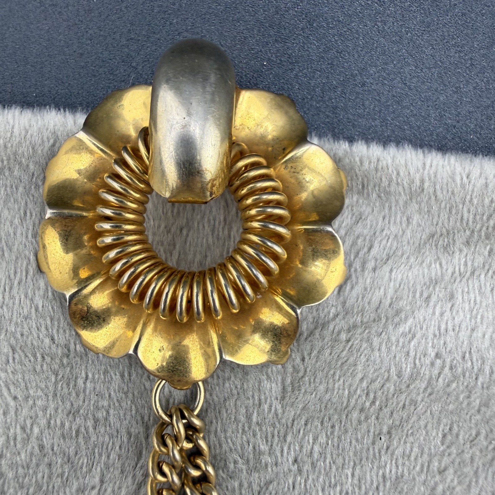 Vintage Double Brooch Set Chatelaine Gold Tone Chain