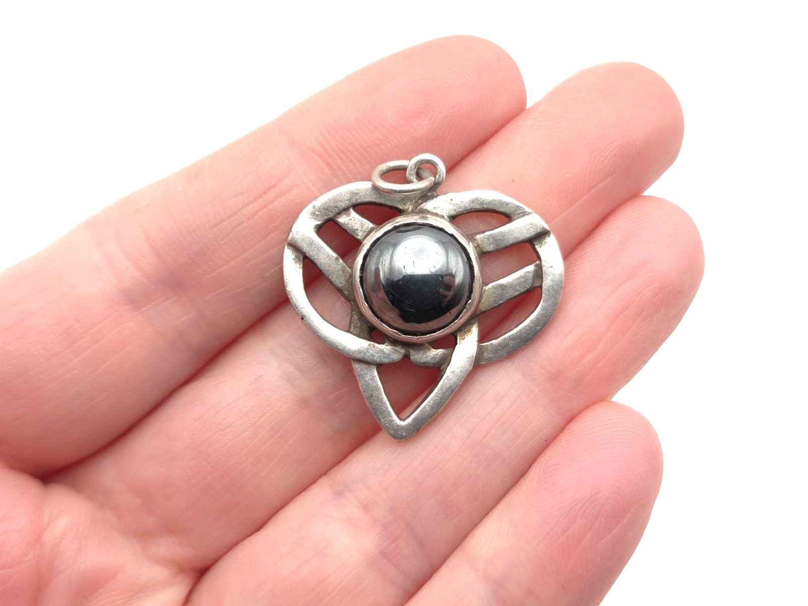 Vintage Sterling Silver Hematite Stone Celtic Knot Heart Pendant for Necklace