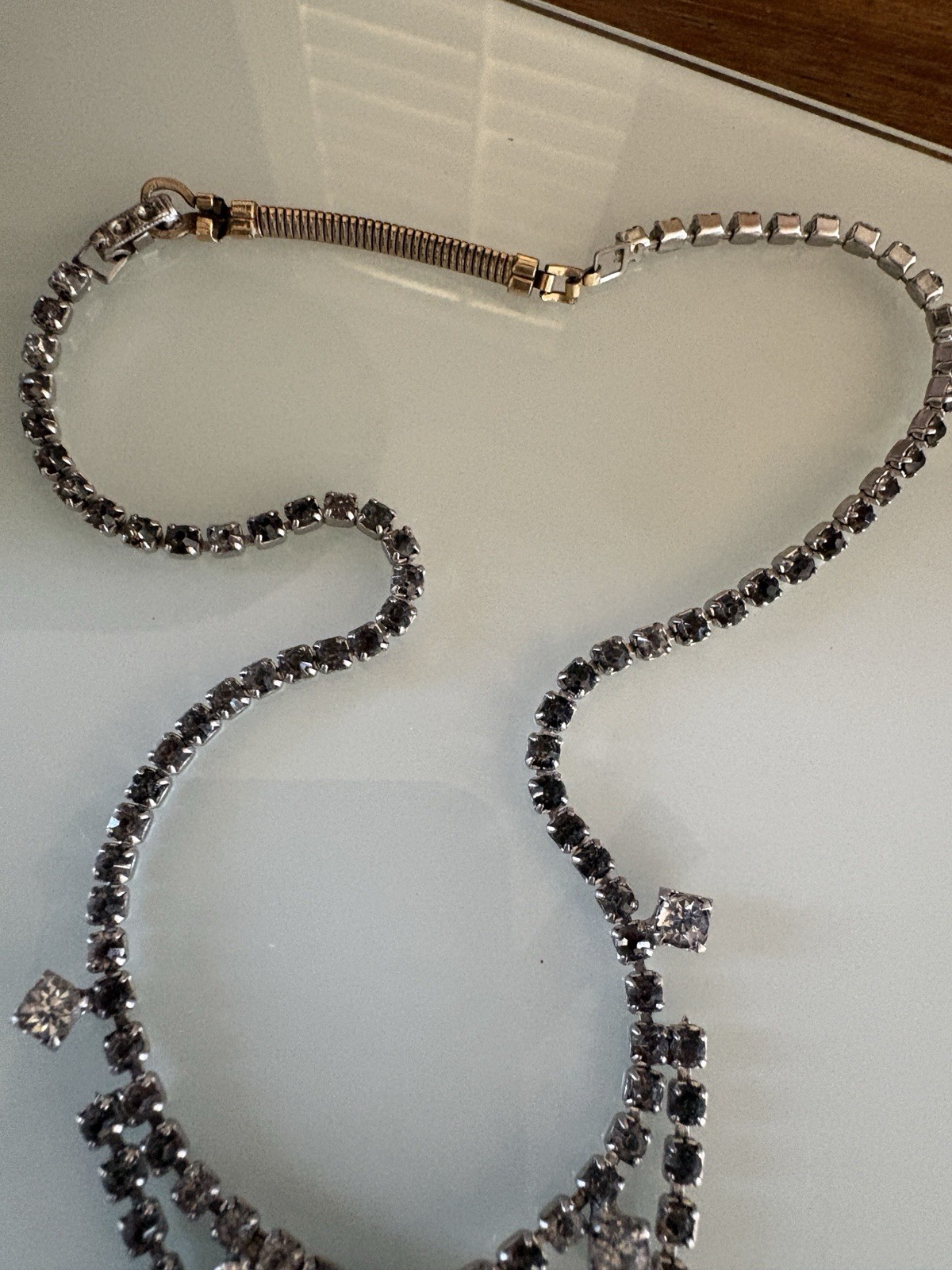 Vintage ArtDeco Necklace Clear / Gray Rhinestone Rhodium Plate Prong Princess
