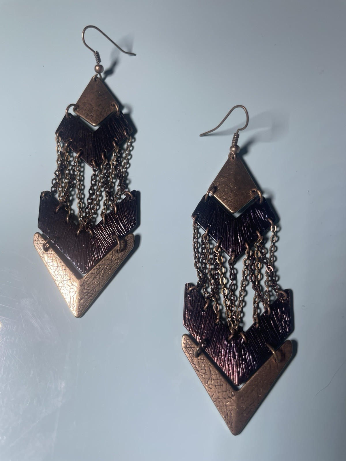 Vintage Geometric Chandelier Dangle Earrings Bronze Tone Layered Chevron Chain