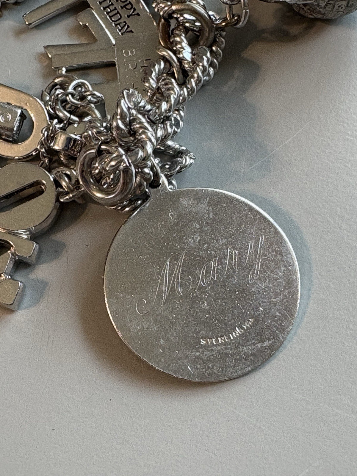 VTG Monet Sterling Charm Bracelet with Happy Birthday Charms,76 & Globe Charm