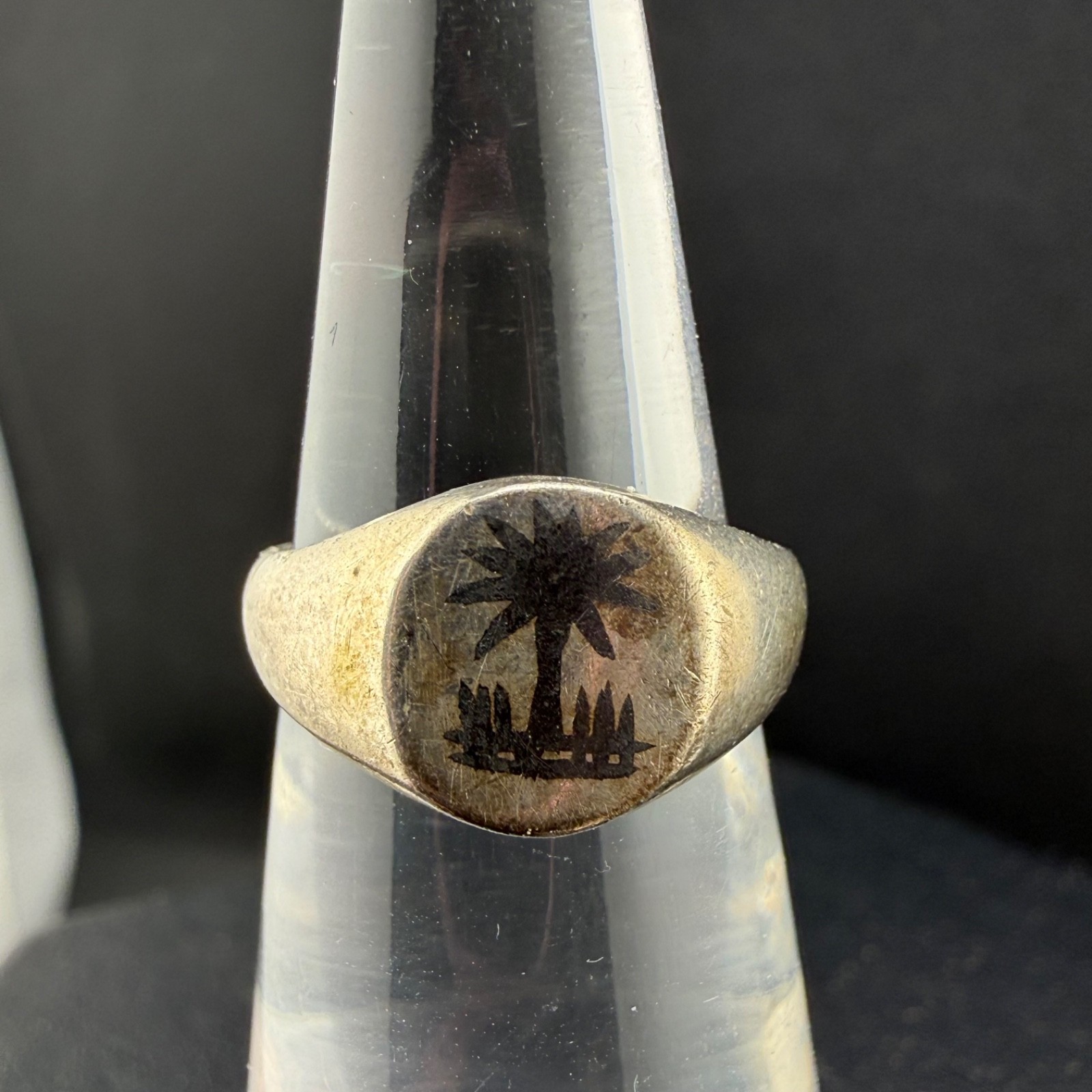 Vintage Signet Ring Palm Tree Silver Tone Beach Size 3 Pinky
