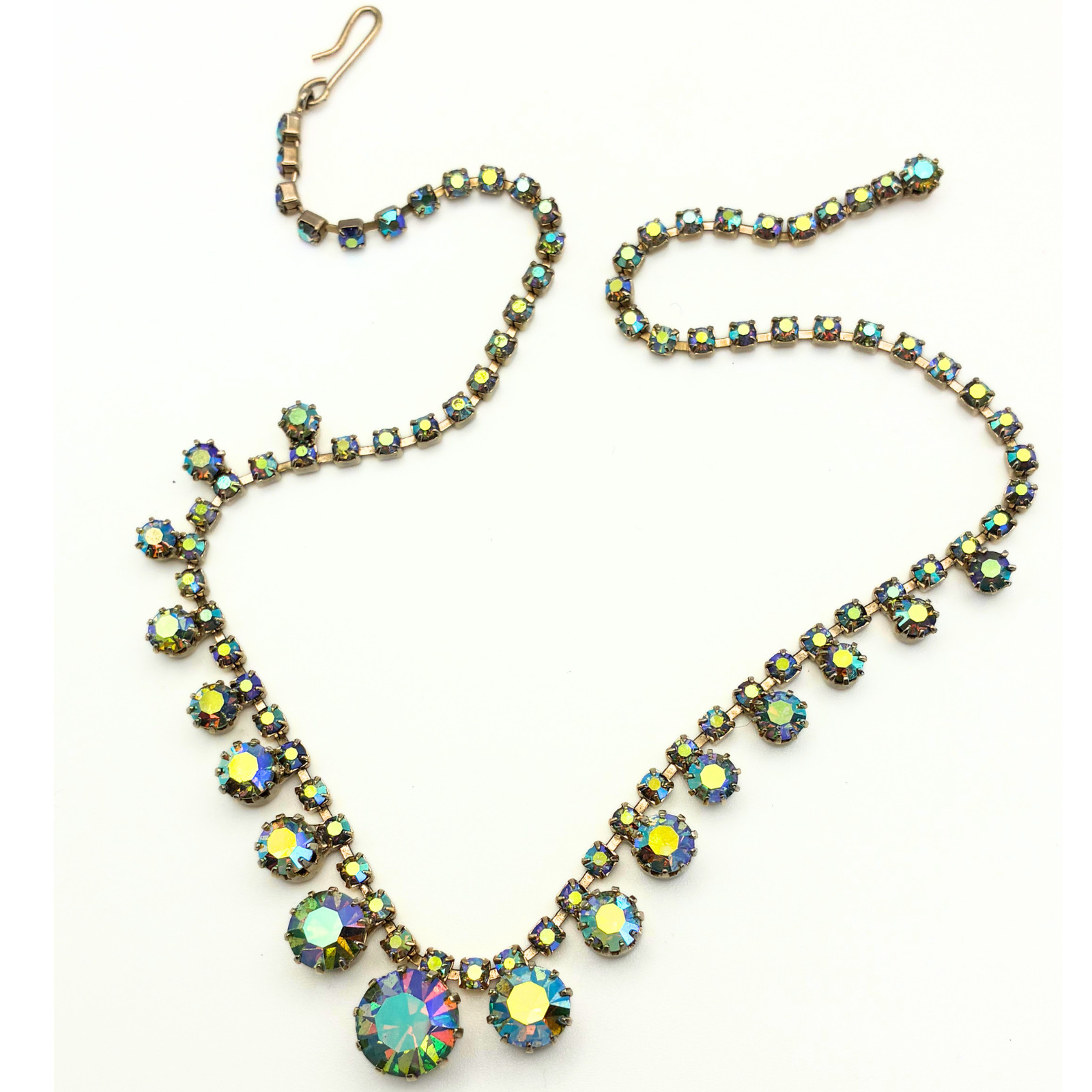 Vintage Aurora Borealis Rhinestone Fringe Necklace Brass Gold Tone 16″