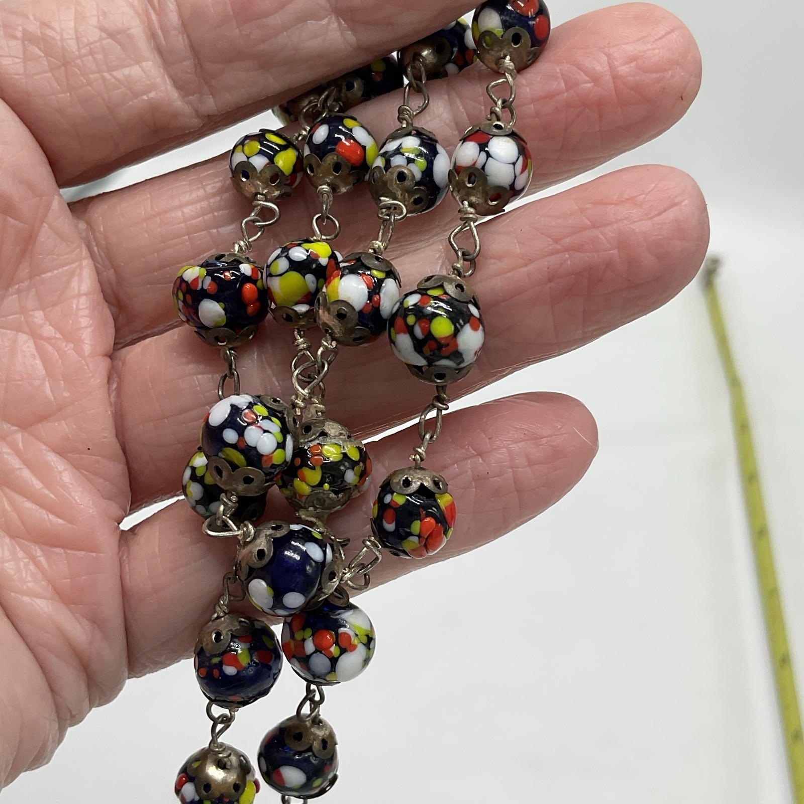 Vintage Millefiori Glass Bead Necklace Murano Style Wire Linked 22” Italy READ