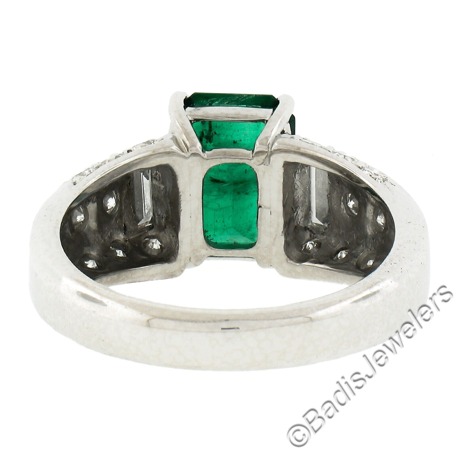 Platinum 3.67ctw GIA Octagonal Green Emerald w/ Baguette & Round Diamond Ring