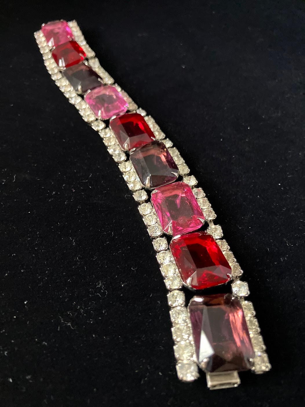 Vintage Rhinestone Panel Bracelet Square Cut Chunky Bling Purple Pink Red Clear