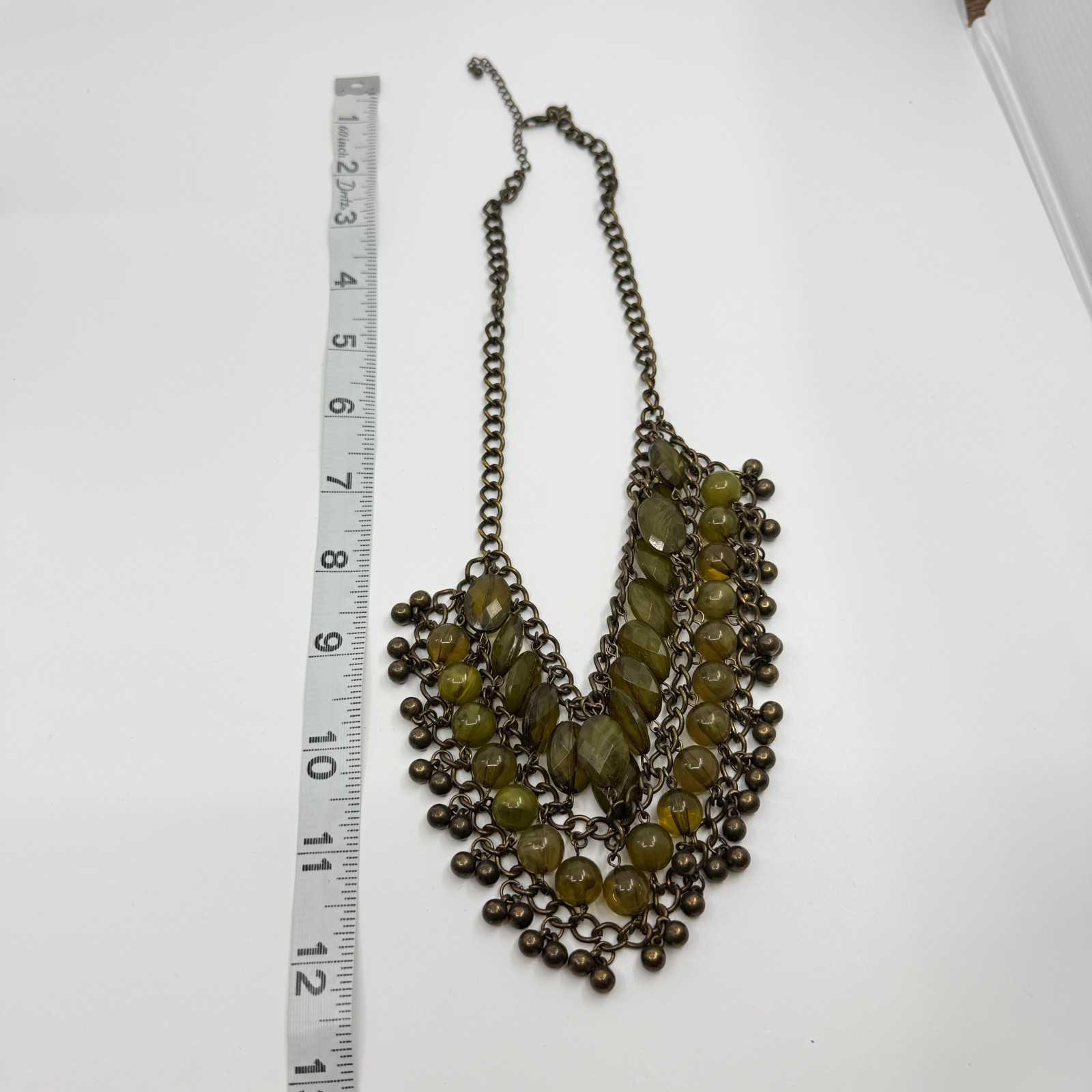 Vintage Bronze Tone Multi Strand Bib Necklace Chunky Statement Green Bead Boho