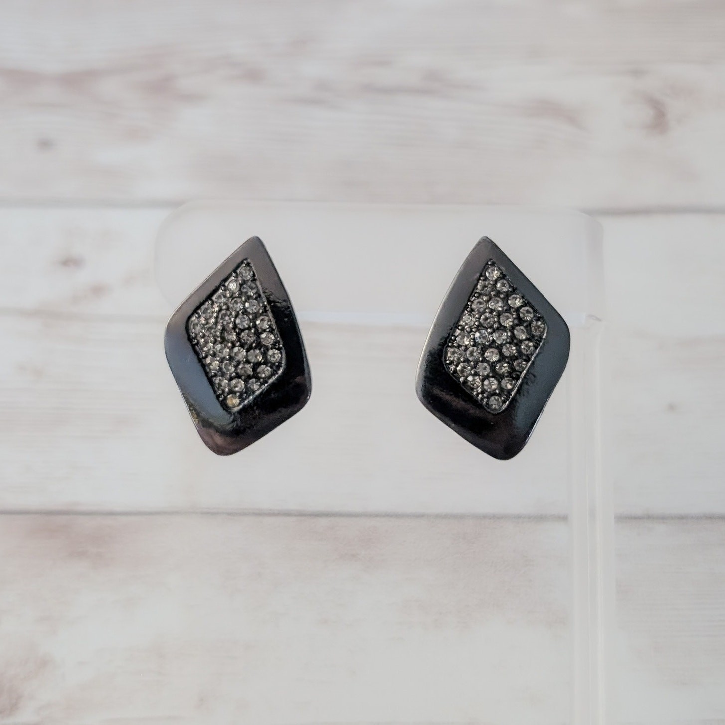 Vintage Stud Earrings Dark Grey with Gems Retro Statement