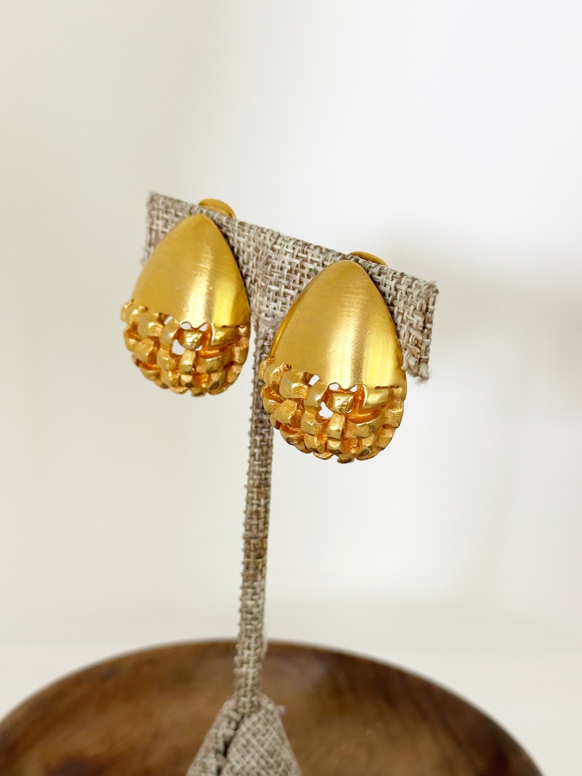 Vintage Clara Studio Earrings Signed Brushed Gold Tone Basket Weave Clip On