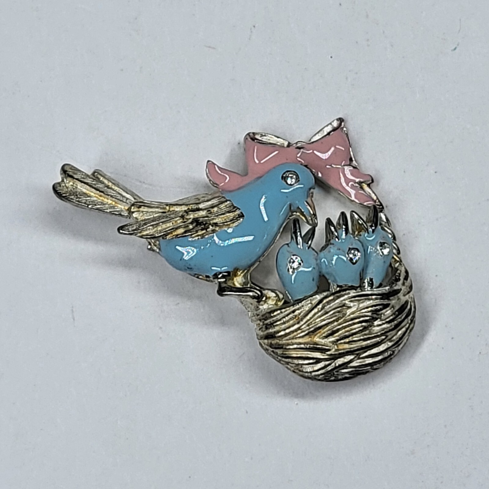 Bird Nest Pin Vintage Pink Blue Birds Signed Vero