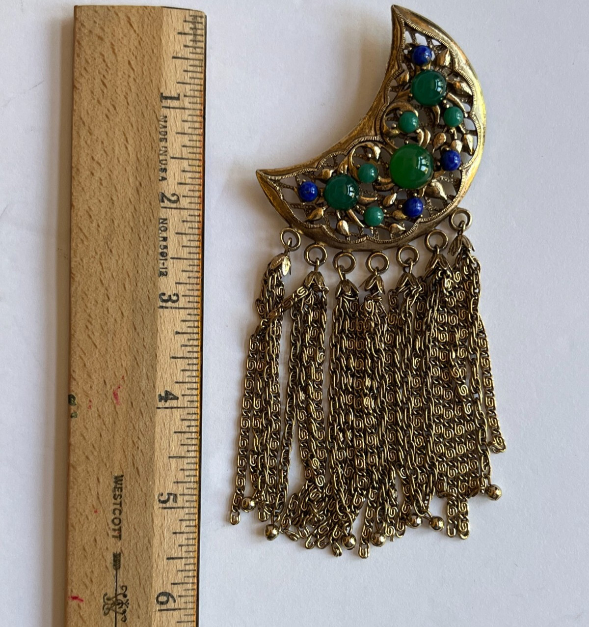 Lisner Vintage Crescent Moon Pin Brooch Jeweled Tassels Gold Tone Blue Green