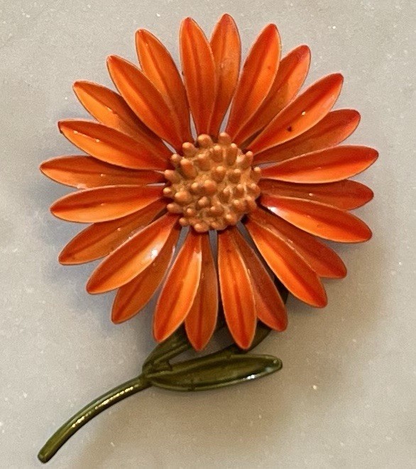 Vintage Bright Orange Enamel Flower Brooch