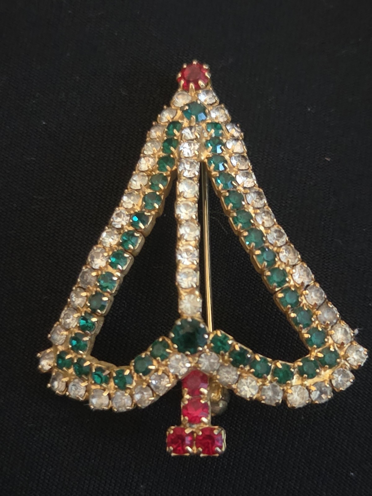 Vintage Gold Tone Green White Red Rhinestone Christmas Tree Outline Brooch