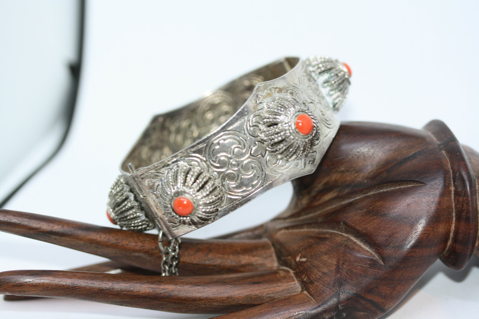 Vintage Silver Alloy Metal Ladies Jasper Bangle 20MM Wide Bracelet 7″ Heavy 64Gr