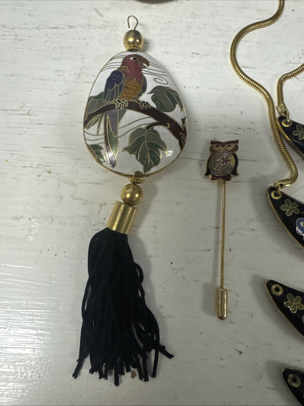 Lot Vintage Cloisonne Round Pendant Gold Cord Necklace Bib Pennant Hair Pin +