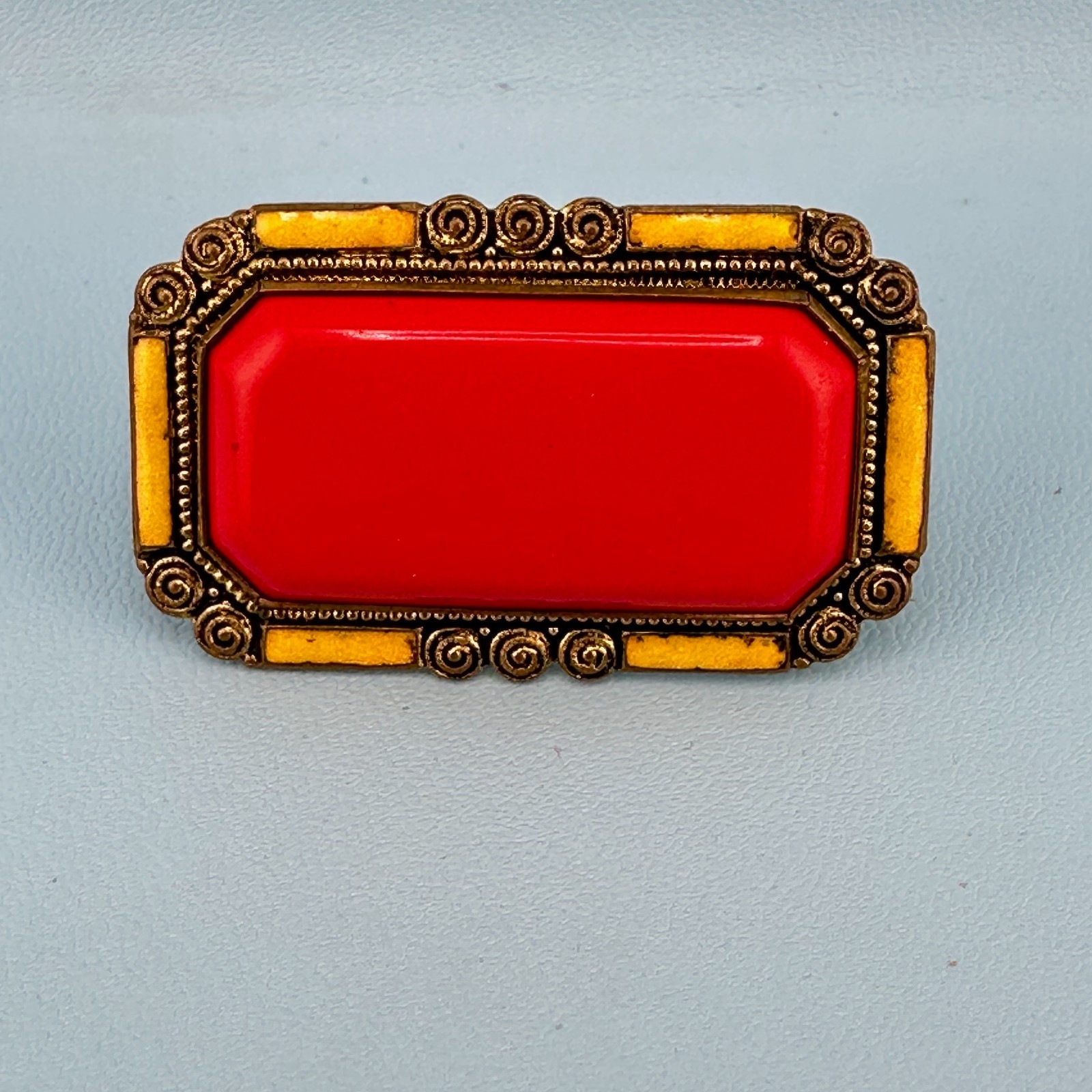 Vintage Art Deco Brooch Rectangular Red Yellow Enamel Ornate Spiral Frame