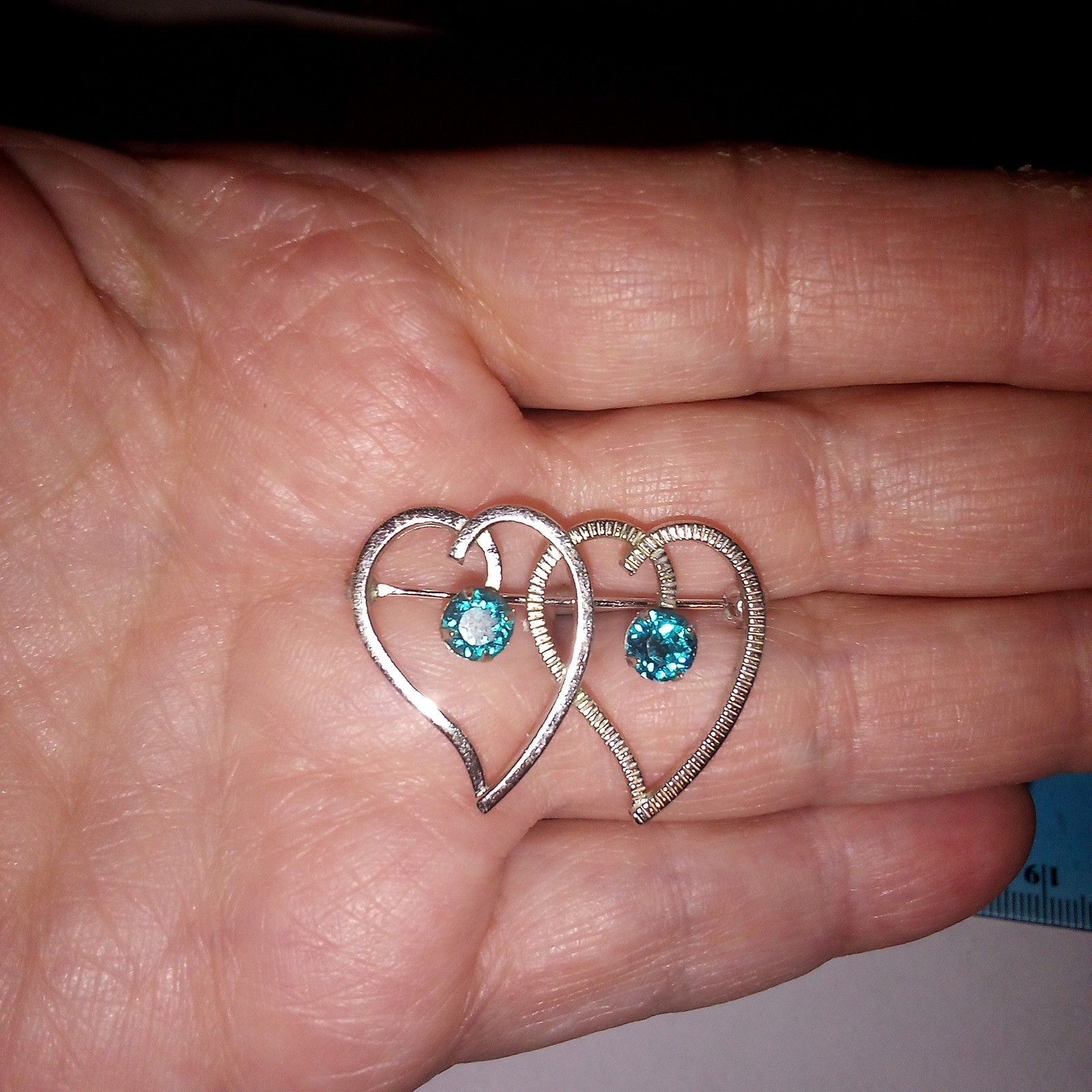 Vintage Van Dell Signed Sterling Silver Double Heart Brooch December Blue Zircon