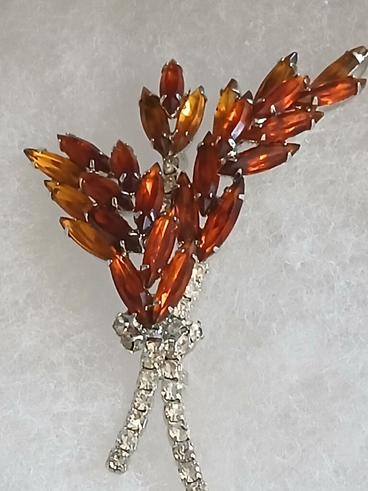 Vintage Orange & Amber Rhinestone Spray Brooch & Chip-on Earrings