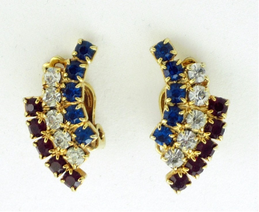 Vintage 50s Rhinestone Clip Earrings; Red White Blue Gold Tone Patriotic