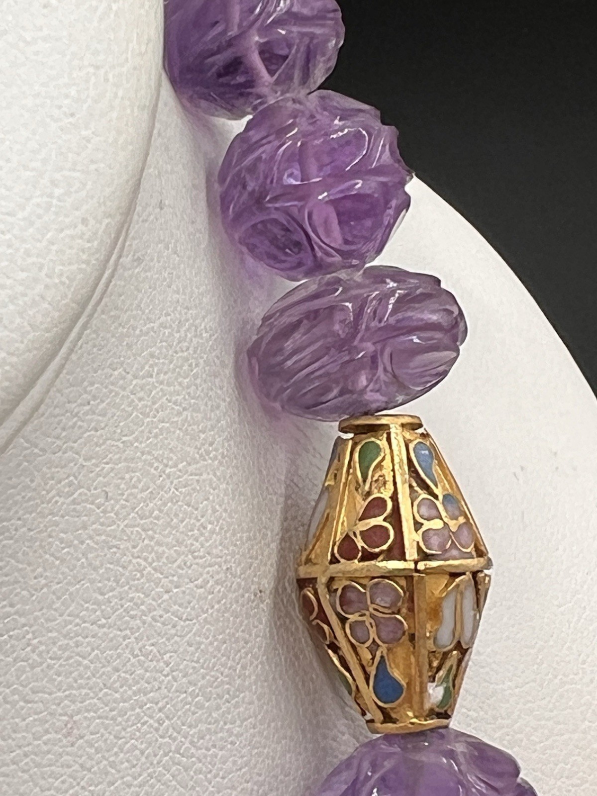 Vtg Chinese Carved Amethyst Bead & Gold Cloisonne Necklace, 168 grams, 30″ Long