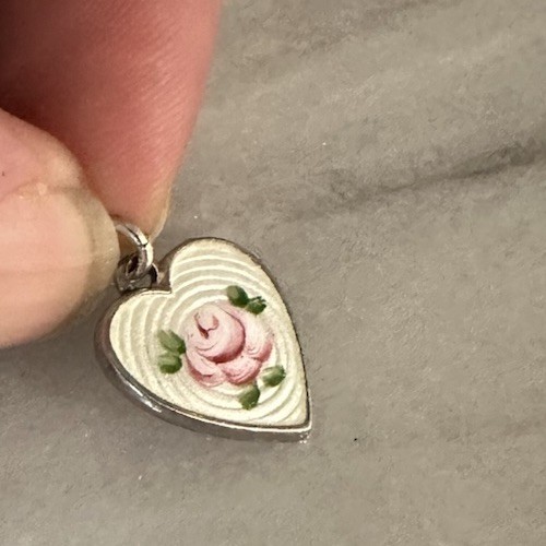 Victorian Era Sterling Silver & Guilloche Enamel Pink Rose Heart Charm