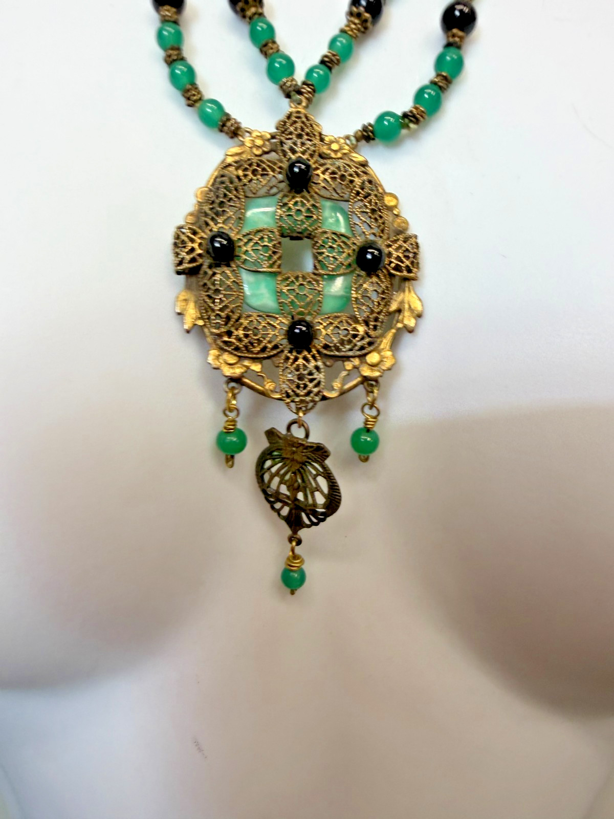 Vintage Necklace Art Deco Green Art Glass Brass Filigree Pendant 20 Inches PJ