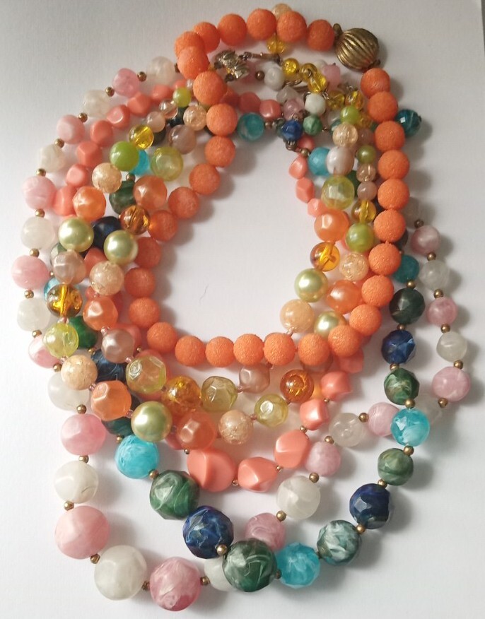 Vintage COLORFUL Beaded Necklaces Lot Of 5 KRAMER Coro Graduated Lucite MCM