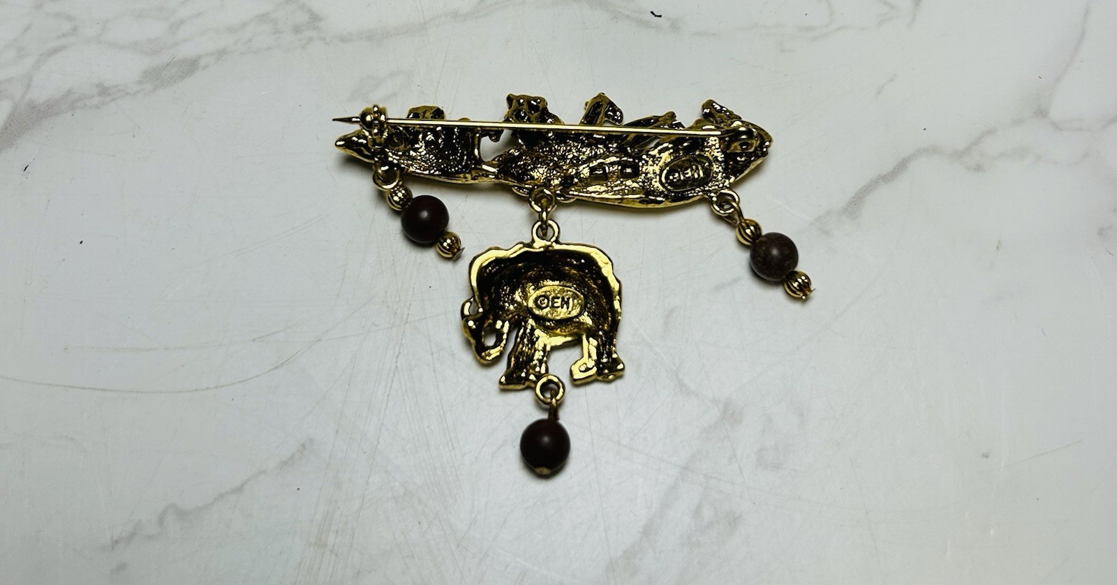 Vintage Dangle Noah’s Ark Bead Gold Tone Brooch Pin Signed EH Biblical