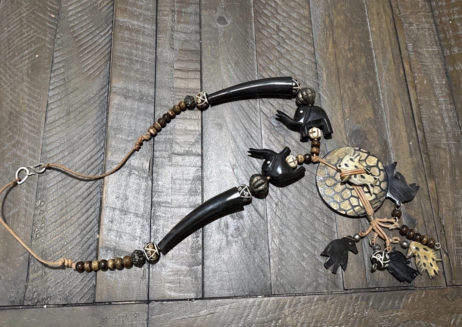 Vintage African Safari Animal Statement Necklace Boho Tribal Wood Jewelry India