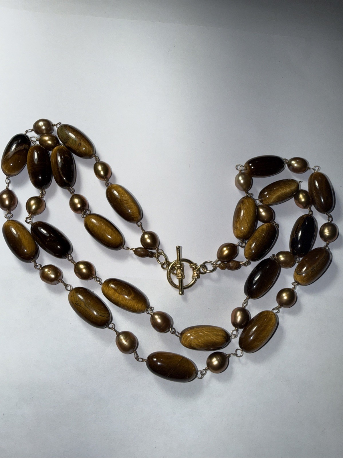 Necklace 2 Strand Tiger’s Eye Cultured Pearl Vermeil Toggle Clasp Vintage Unused